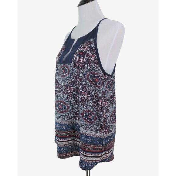 Athleta Size M Medallion Dunes Tank Top Split Neck Tie Back Blue Multi - Picture 1 of 10